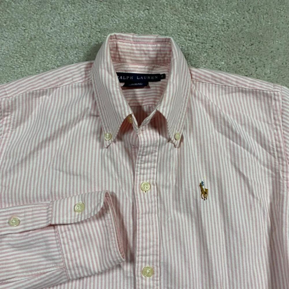 Polo Ralph Lauren Shirt Womens 0 Pink White Striped Slim Fit Cotton Button Down